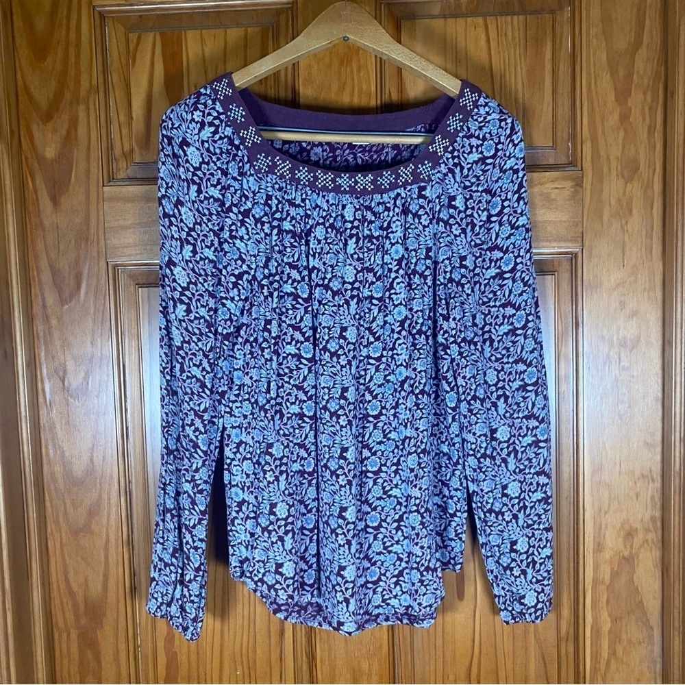 Caslon Pleated Long Sleeve Magenta and White Blouse
